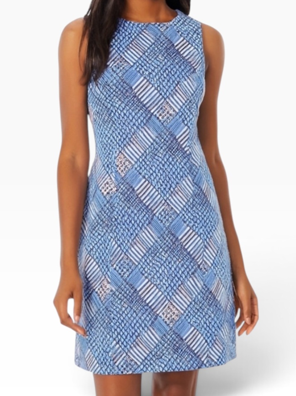 J. McLaughlin "Devon" Blue/Tan/White Micro-Plaid Knit Sleeveless Sheath Dress S